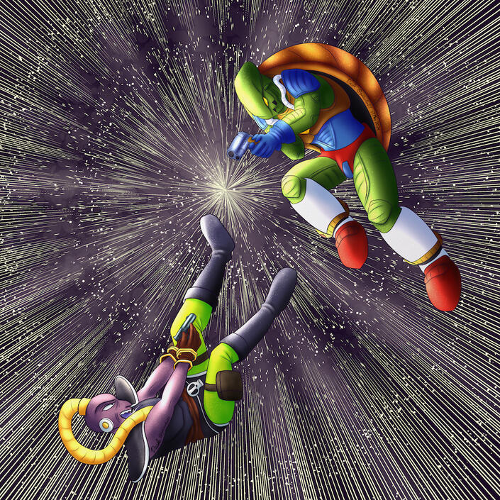 Pico and Zoda from F-Zero GP Legend aiming guns at each other