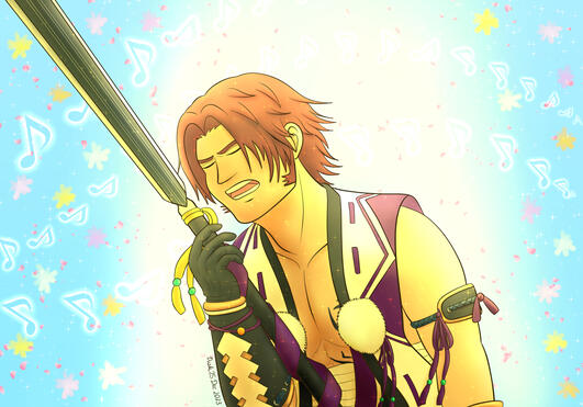 Tonbokiri from Touken Ranbu singing into his spear